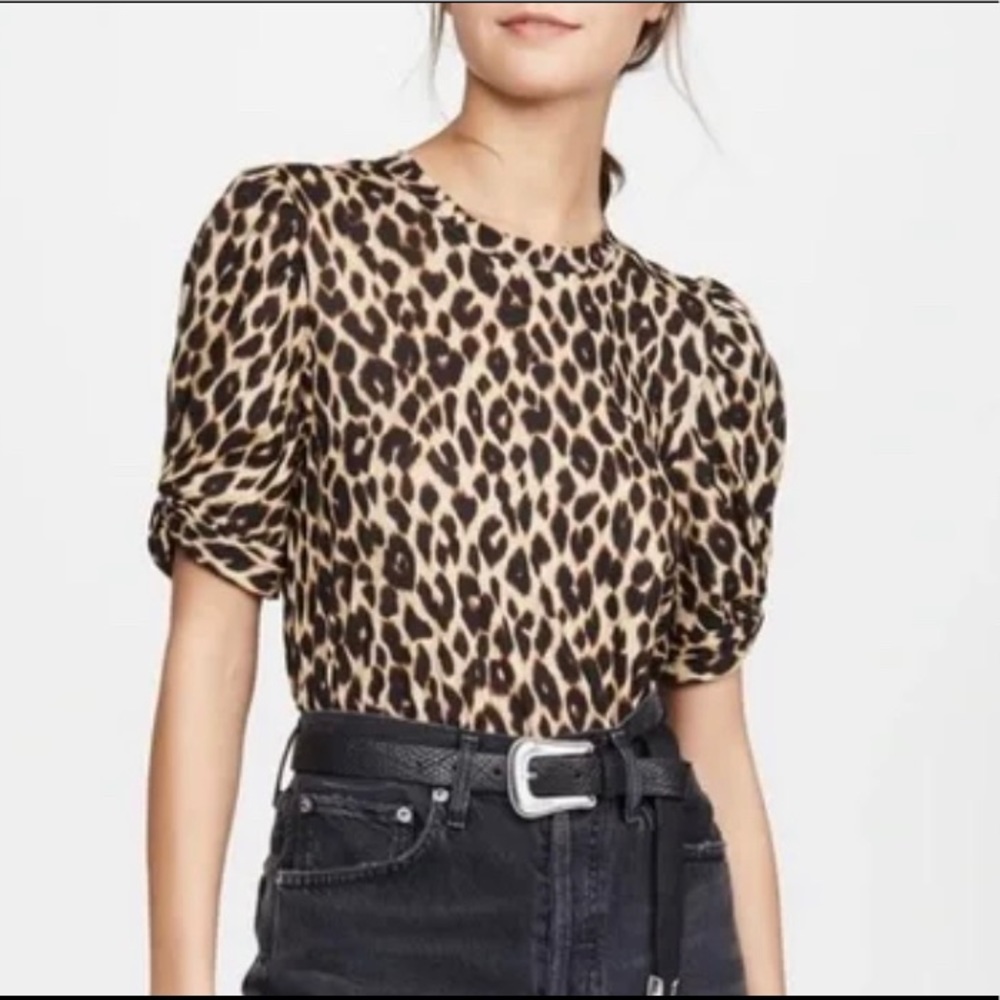 ALC leopard t shirt with rouched puffed sleeves.